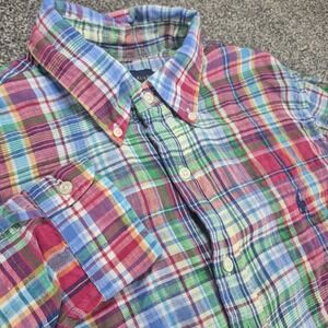 Ralph Lauren 100% Linen Shirt Men's Medium Colorful Madras‎ Plaid Button-Up